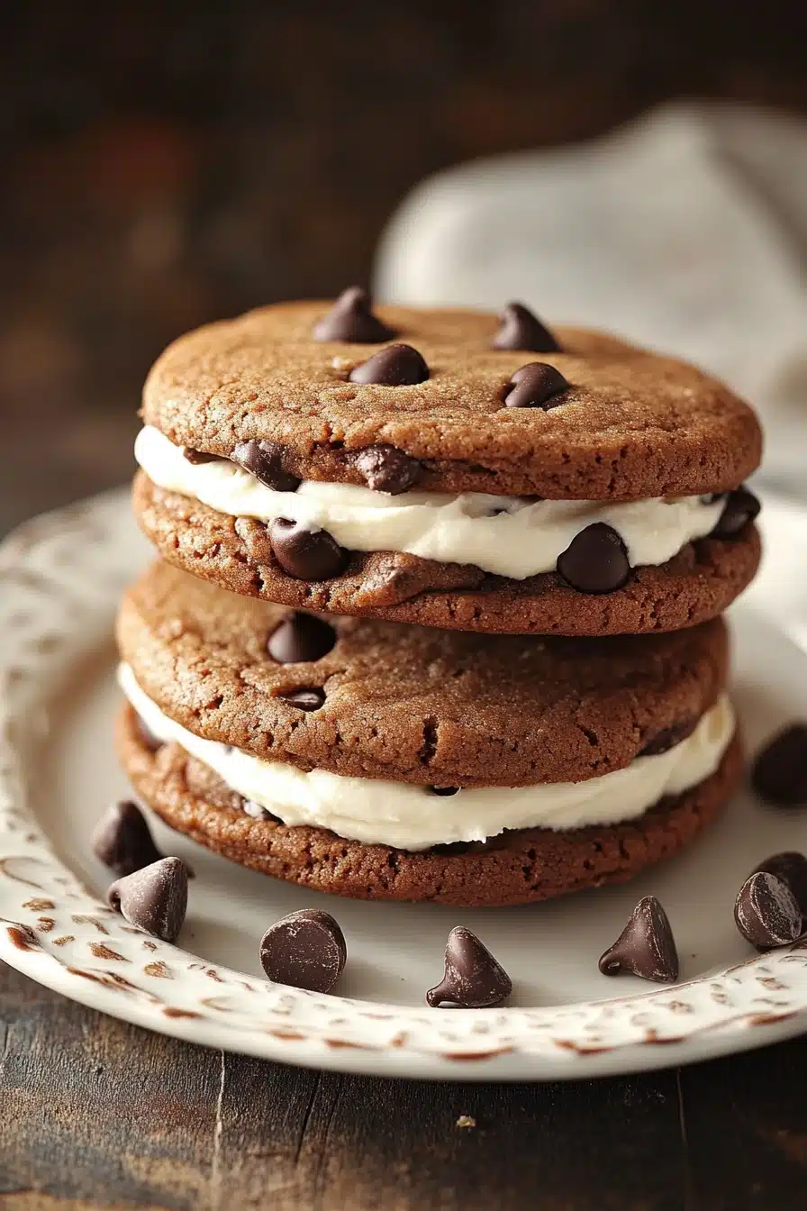Close-up of a chocolate chip cookie sandwich with visible chocolate chips and a clean background.
