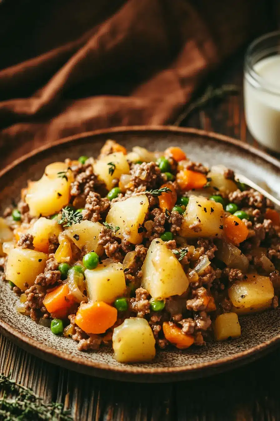 Close-up of a cozy ground beef dinner with rich textures and warm lighting