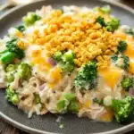 Close-up of a creamy chicken broccoli casserole with a golden crust and bright lighting.