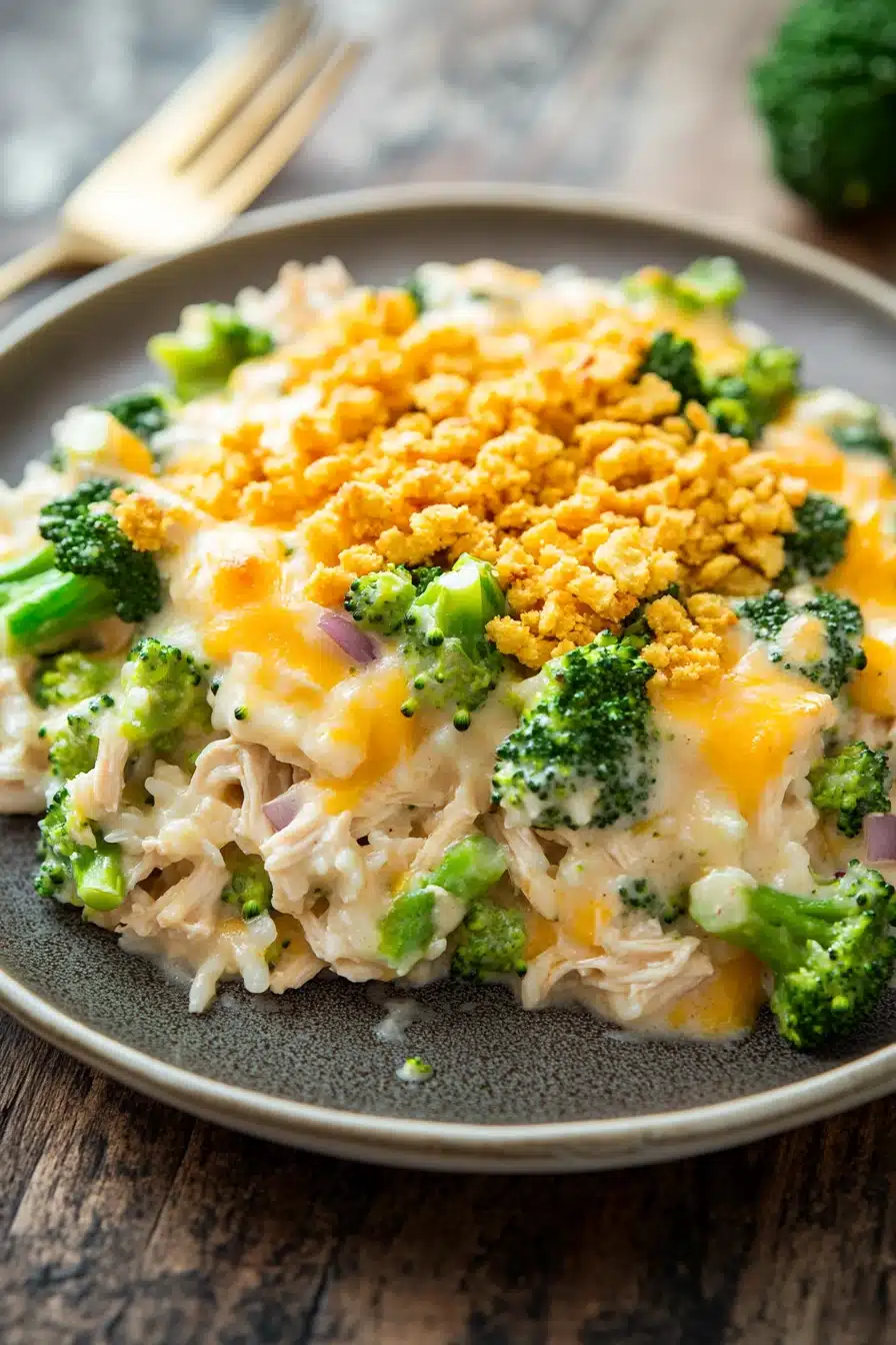 Close-up of a creamy chicken broccoli casserole with a golden crust and bright lighting.