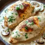 Close-up of creamy garlic mushroom chicken skillet with bright lighting and clean background