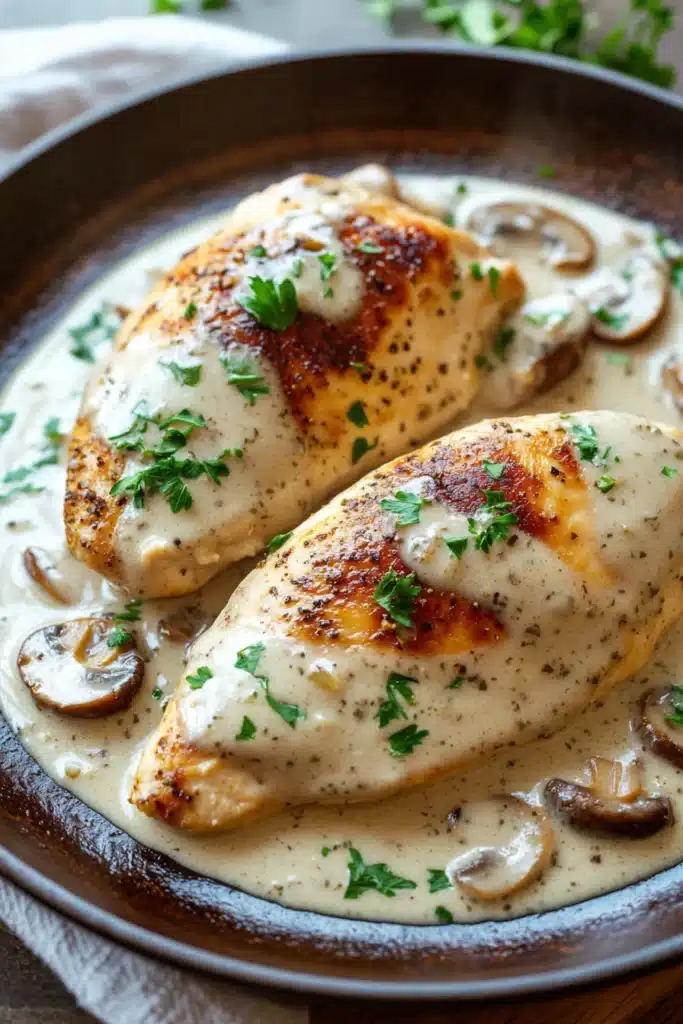 Close-up of creamy garlic mushroom chicken skillet with bright lighting and clean background