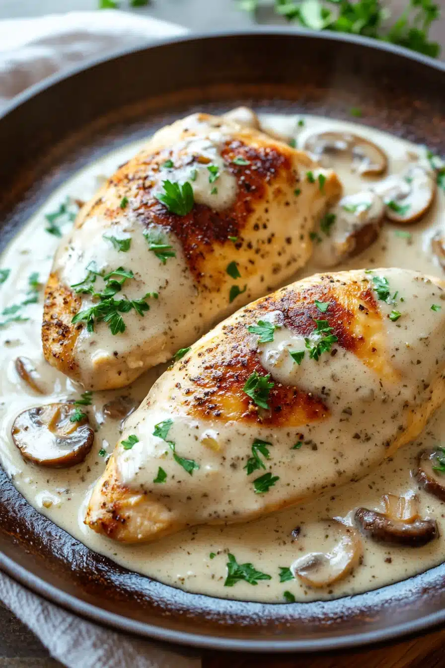 Close-up of creamy garlic mushroom chicken skillet with bright lighting and clean background