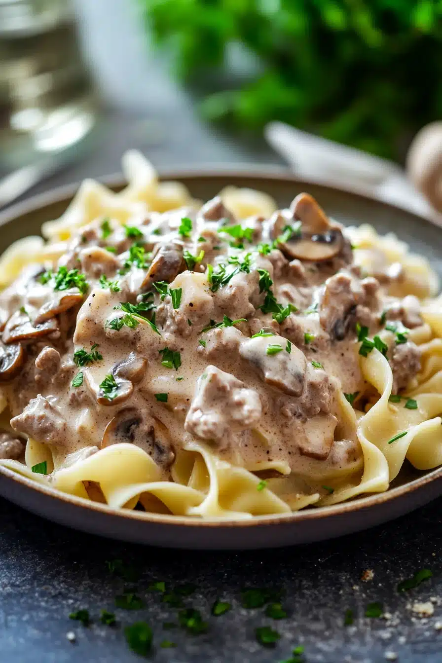 Close-up of creamy ground beef stroganoff with pasta in a bright setting