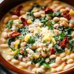 Close-up of a creamy Italian white bean skillet meal with herbs and sauce.