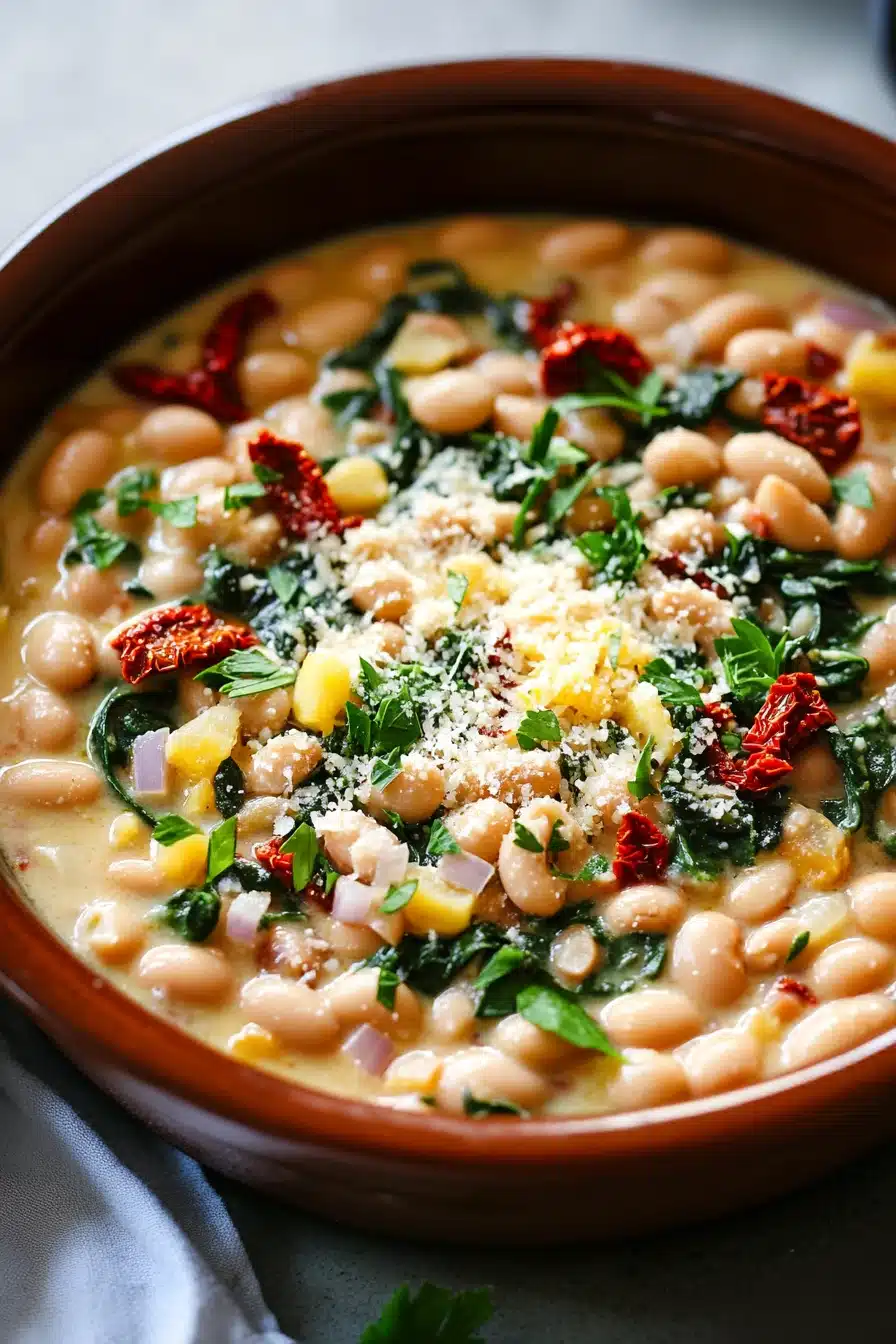 Close-up of a creamy Italian white bean skillet meal with herbs and sauce.