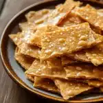 Close-up of crispy cookie brittle with golden edges and a clean background.
