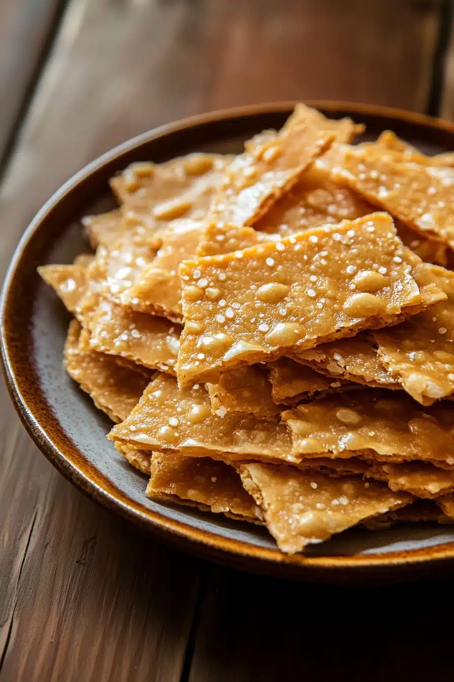 Close-up of crispy cookie brittle with golden edges and a clean background.