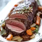 Close-up of crock pot beef loin with a savory sauce and herbs