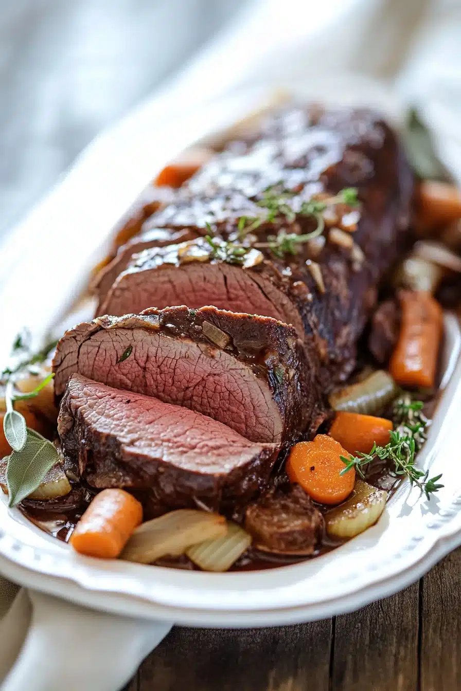 Close-up of crock pot beef loin with a savory sauce and herbs