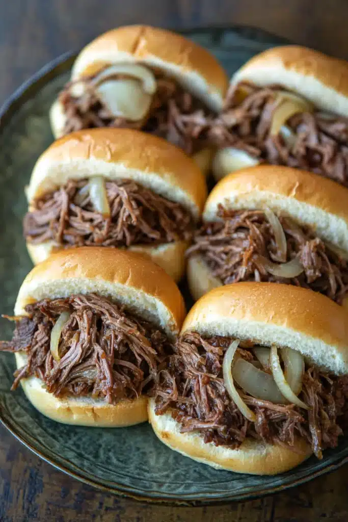 Close-up of a crock pot beef sandwich on a bun with a clean background.