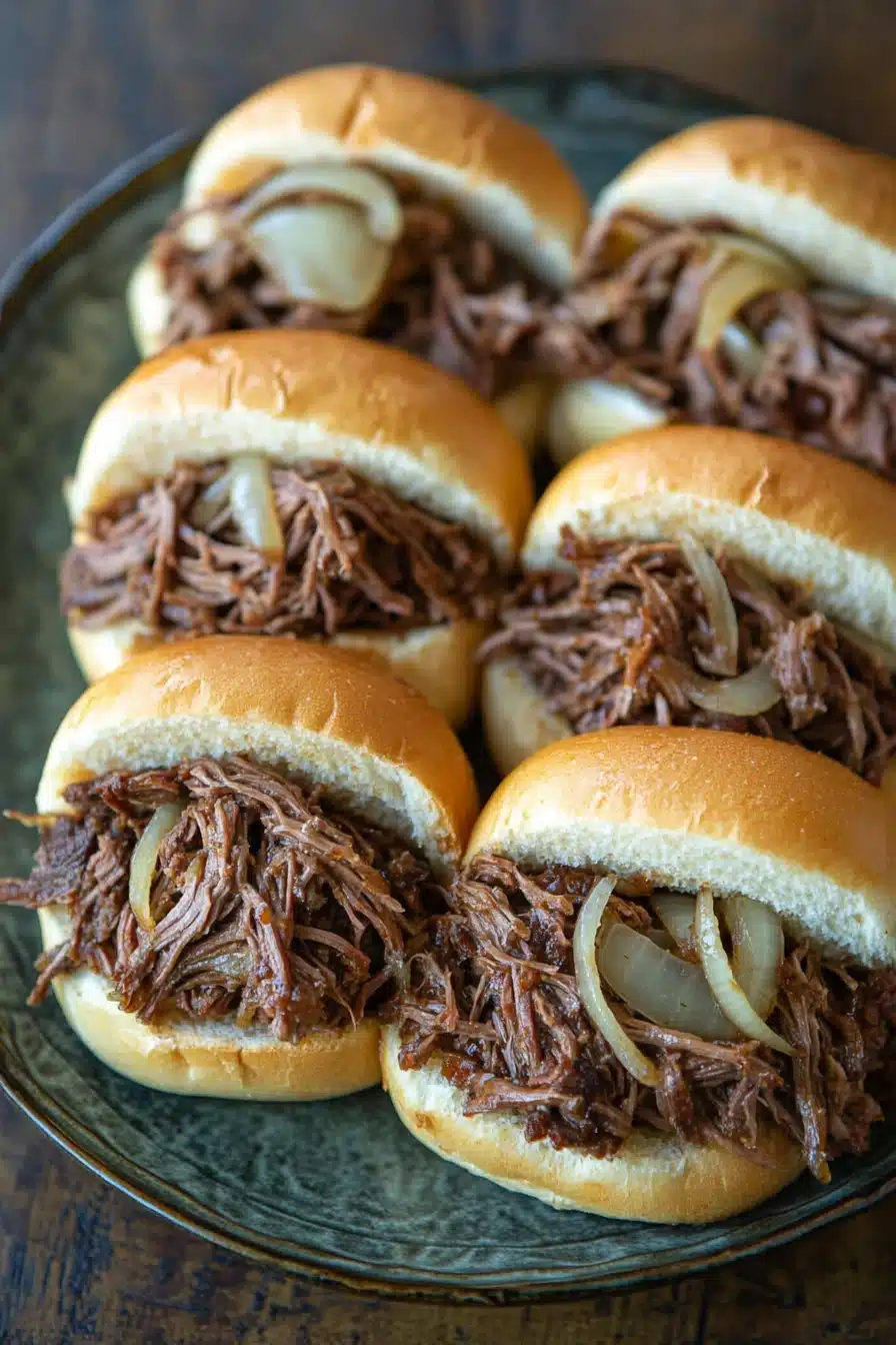 Close-up of a crock pot beef sandwich on a bun with a clean background.