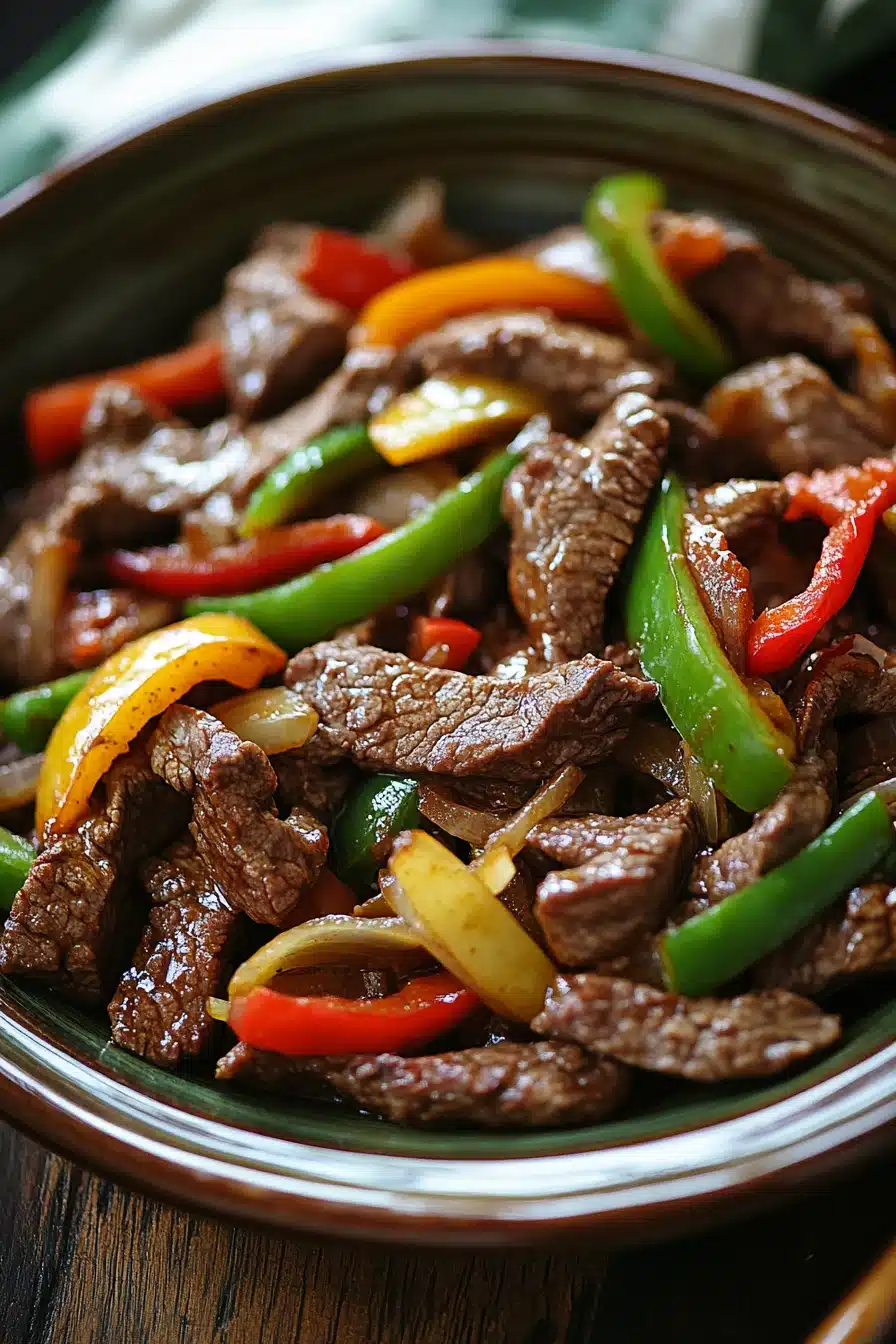 Close-up of crock pot beef pepper steak with vibrant peppers and sauce
