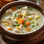 Close-up of crock pot chicken pot pie soup with creamy broth and vegetables.