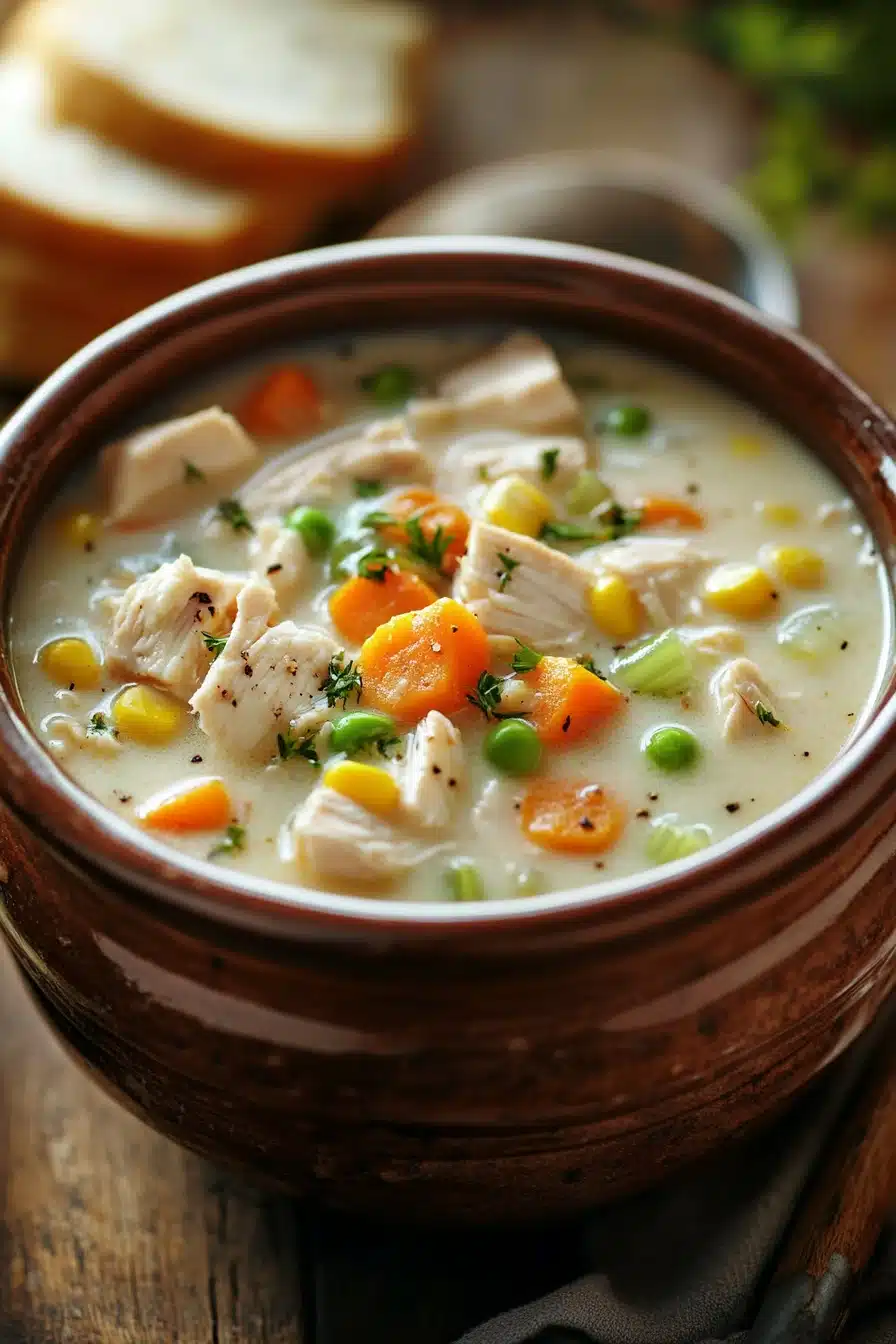 Close-up of crock pot chicken pot pie soup with creamy broth and vegetables.
