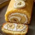 Close-up of a banana cake roll with a creamy filling on a white plate