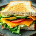 Close-up of a delicious bread sandwich with fresh ingredients on a clean background.