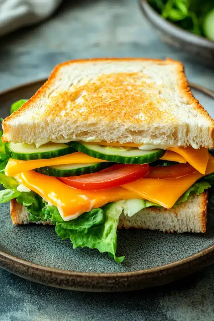 Close-up of a delicious bread sandwich with fresh ingredients on a clean background.
