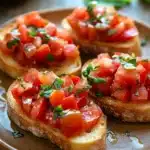 Close-up of appetizing bruschetta with fresh toppings on a clean background
