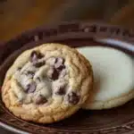 Close-up of freshly baked chocolate chip and sugar cookies on a wooden surface.