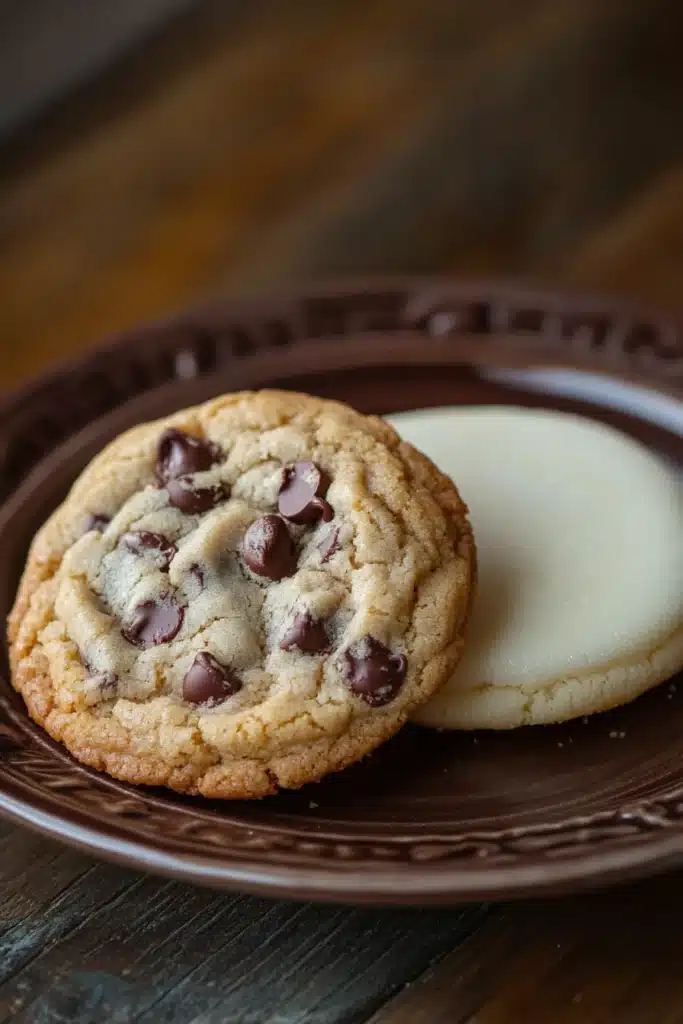 Close-up of freshly baked chocolate chip and sugar cookies on a wooden surface.
