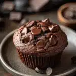 Close-up of a rich chocolate muffin without egg, showcasing its moist texture and chocolate chips.