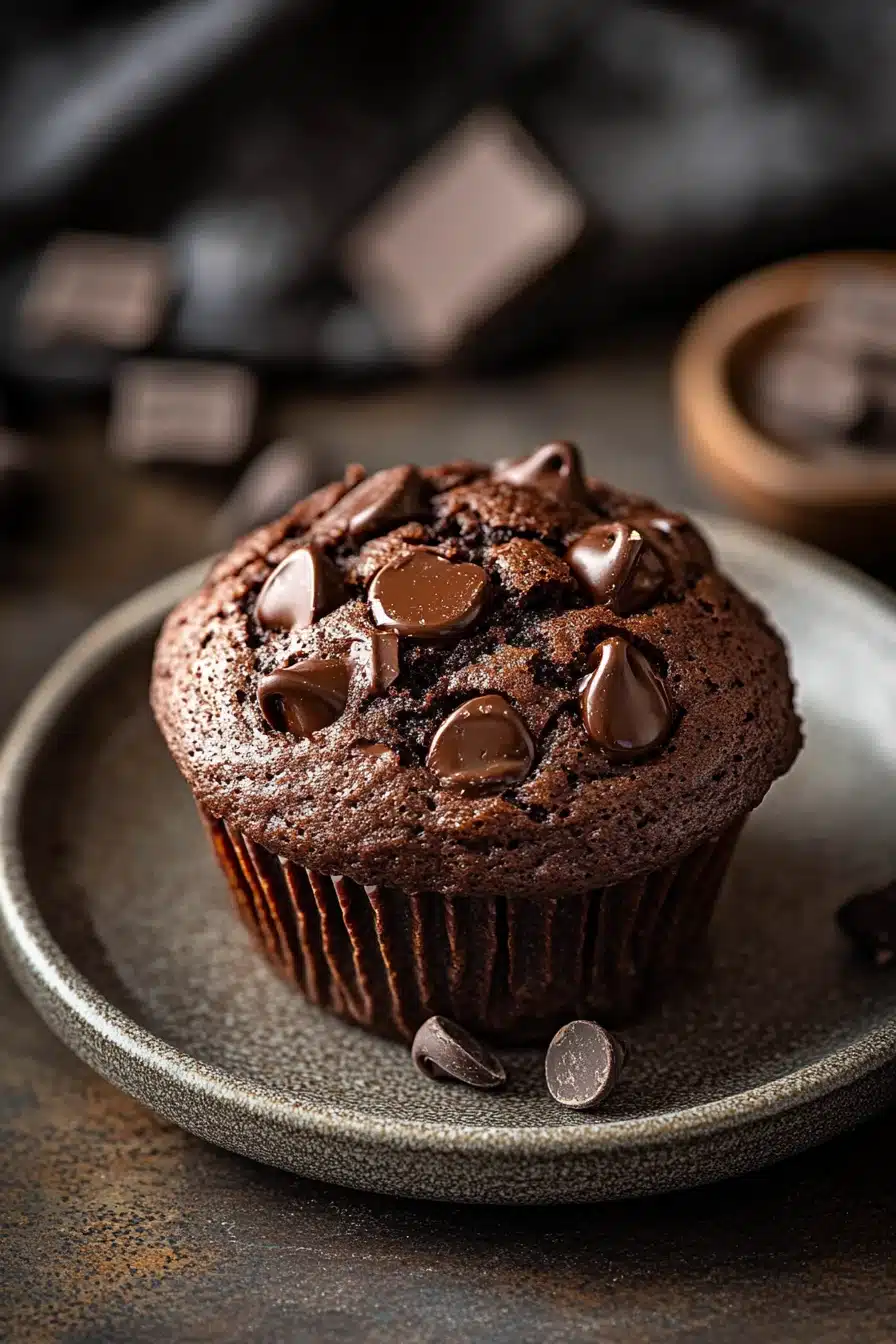 Close-up of a rich chocolate muffin without egg, showcasing its moist texture and chocolate chips.