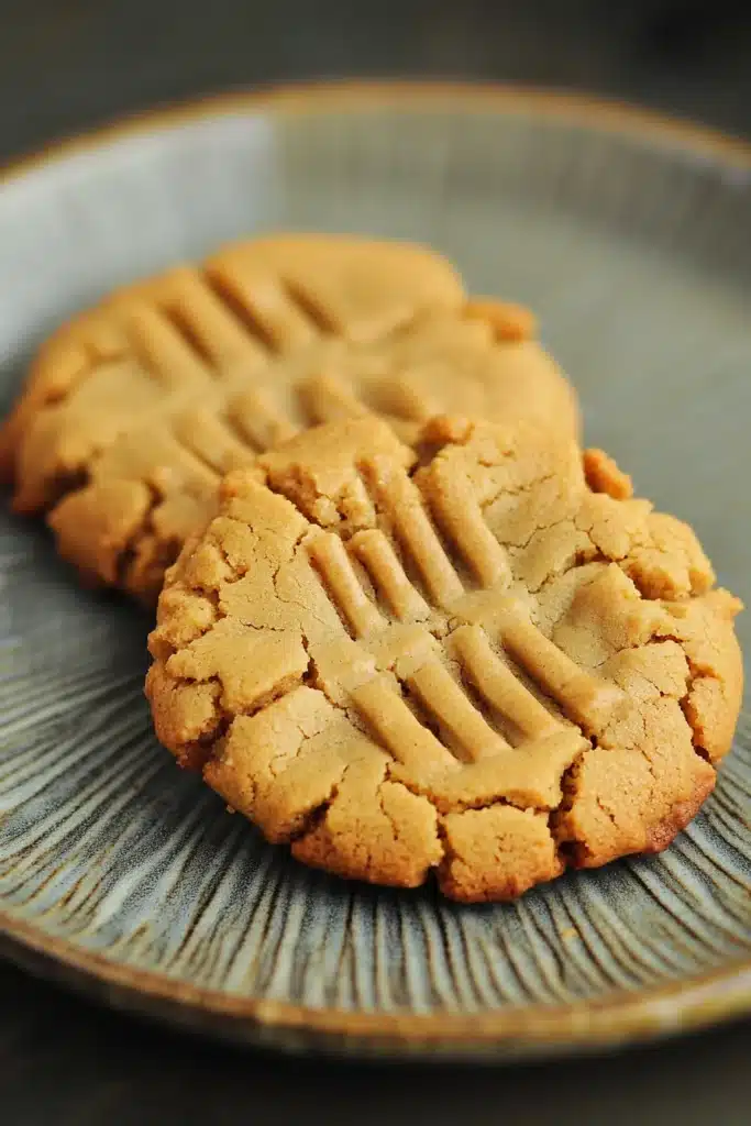 Close-up of freshly baked peanut butter cookies on a clean white background