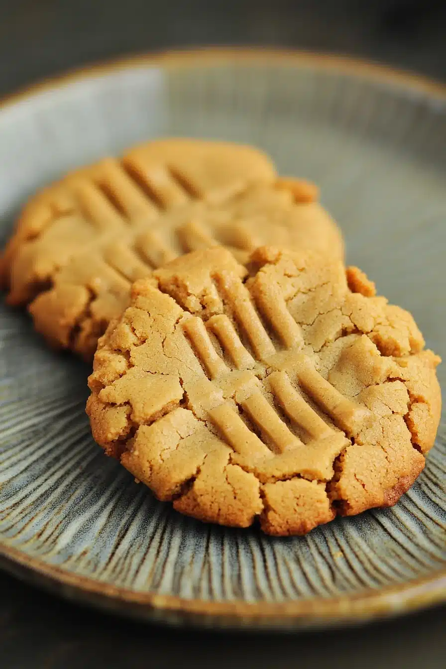 Close-up of freshly baked peanut butter cookies on a clean white background