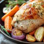 Close-up of a turkey breast dinner with bright lighting and clean background