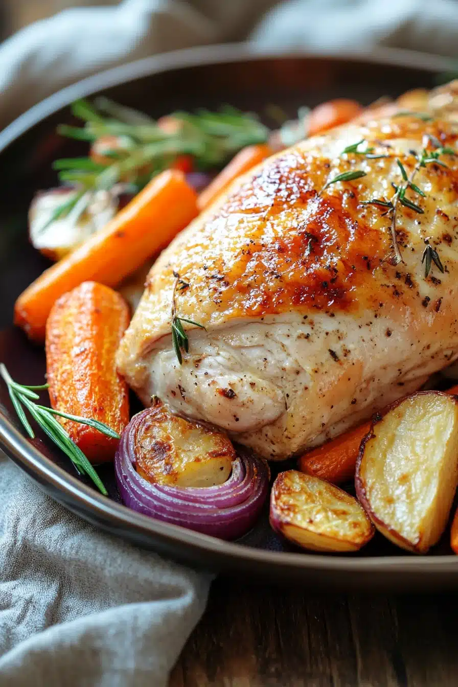 Close-up of a turkey breast dinner with bright lighting and clean background