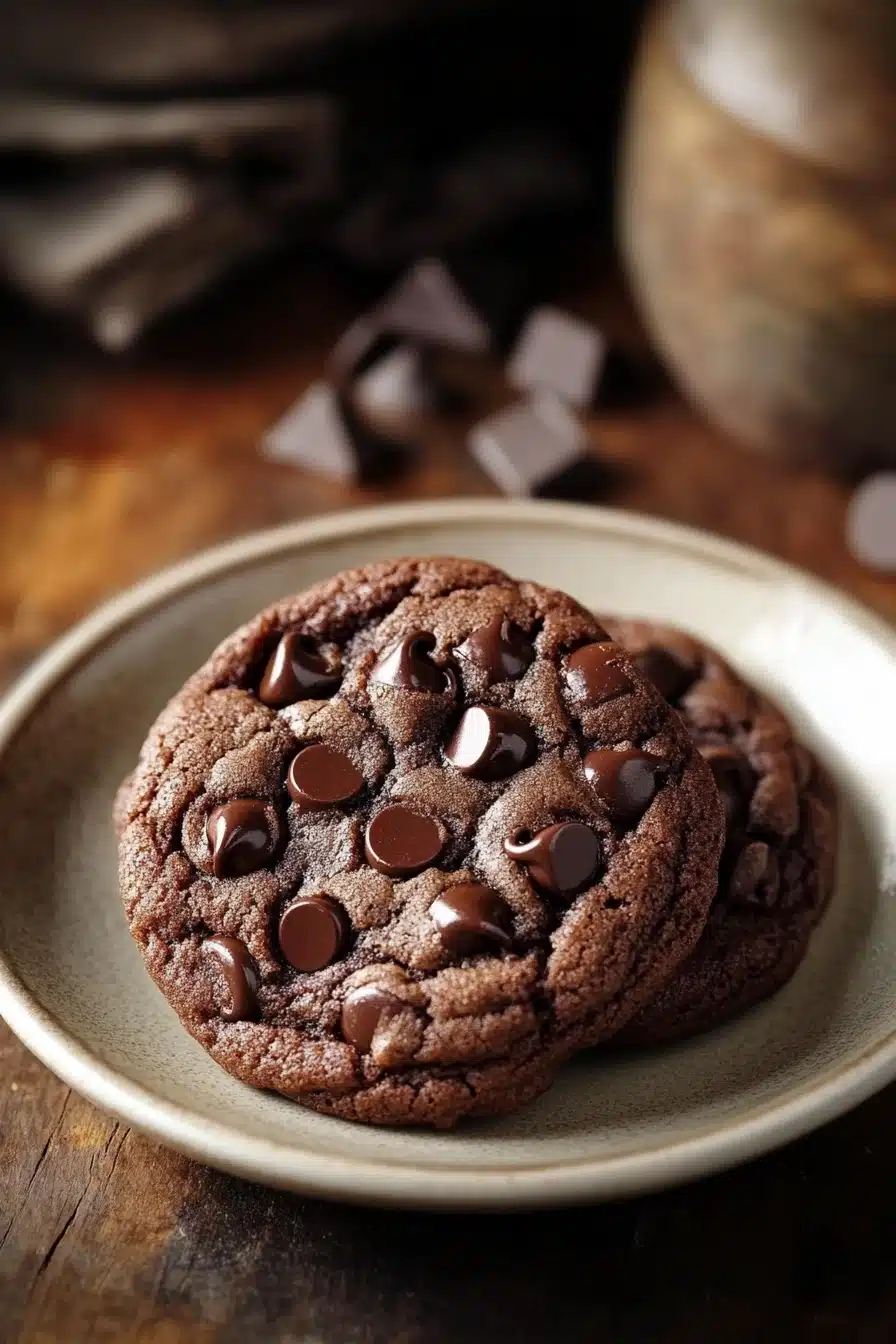 Close-up of a double chocolate cookie with a chewy texture and rich chocolate chips.