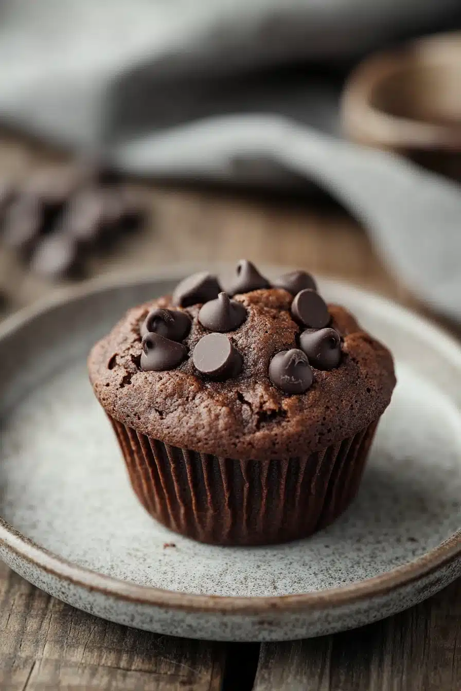 Close-up of double chocolate protein muffin tops by Joy Bauer with a clean background.