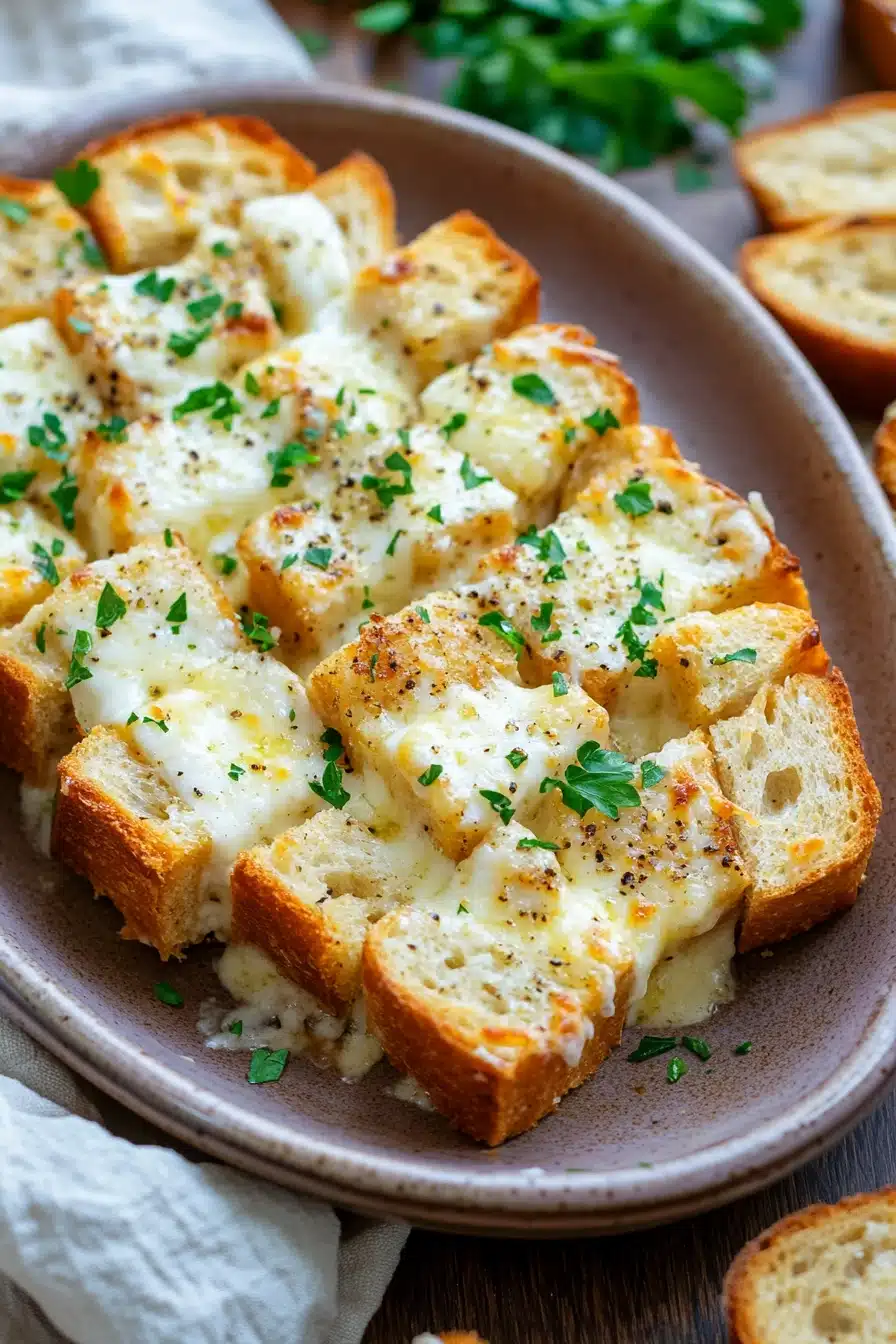 Close-up of a golden garlic bread casserole with crispy edges and melted cheese.