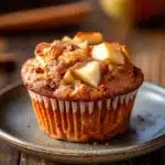 Close-up of a gluten-free apple muffin with a golden brown top and visible apple pieces.