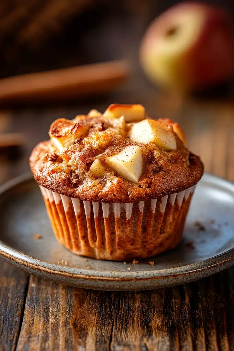 Close-up of a gluten-free apple muffin with a golden brown top and visible apple pieces.