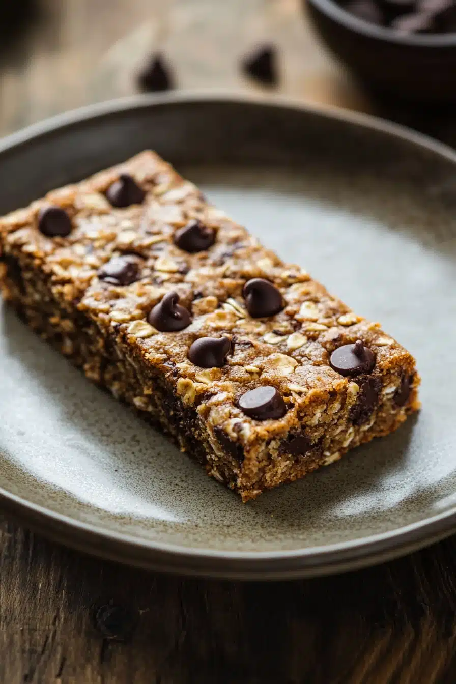 Close-up of a gluten-free bar cookie with a golden crust and chocolate chips.