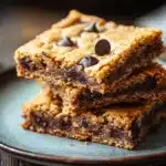 Close-up of a gluten-free cookie bar with a golden crust and chocolate chips.