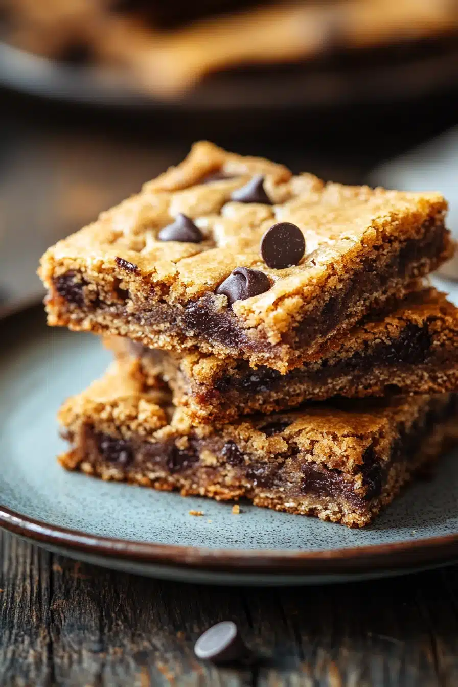 Close-up of a gluten-free cookie bar with a golden crust and chocolate chips.