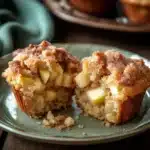 Close-up of a granny smith apple muffin with visible apple chunks and a golden brown top.