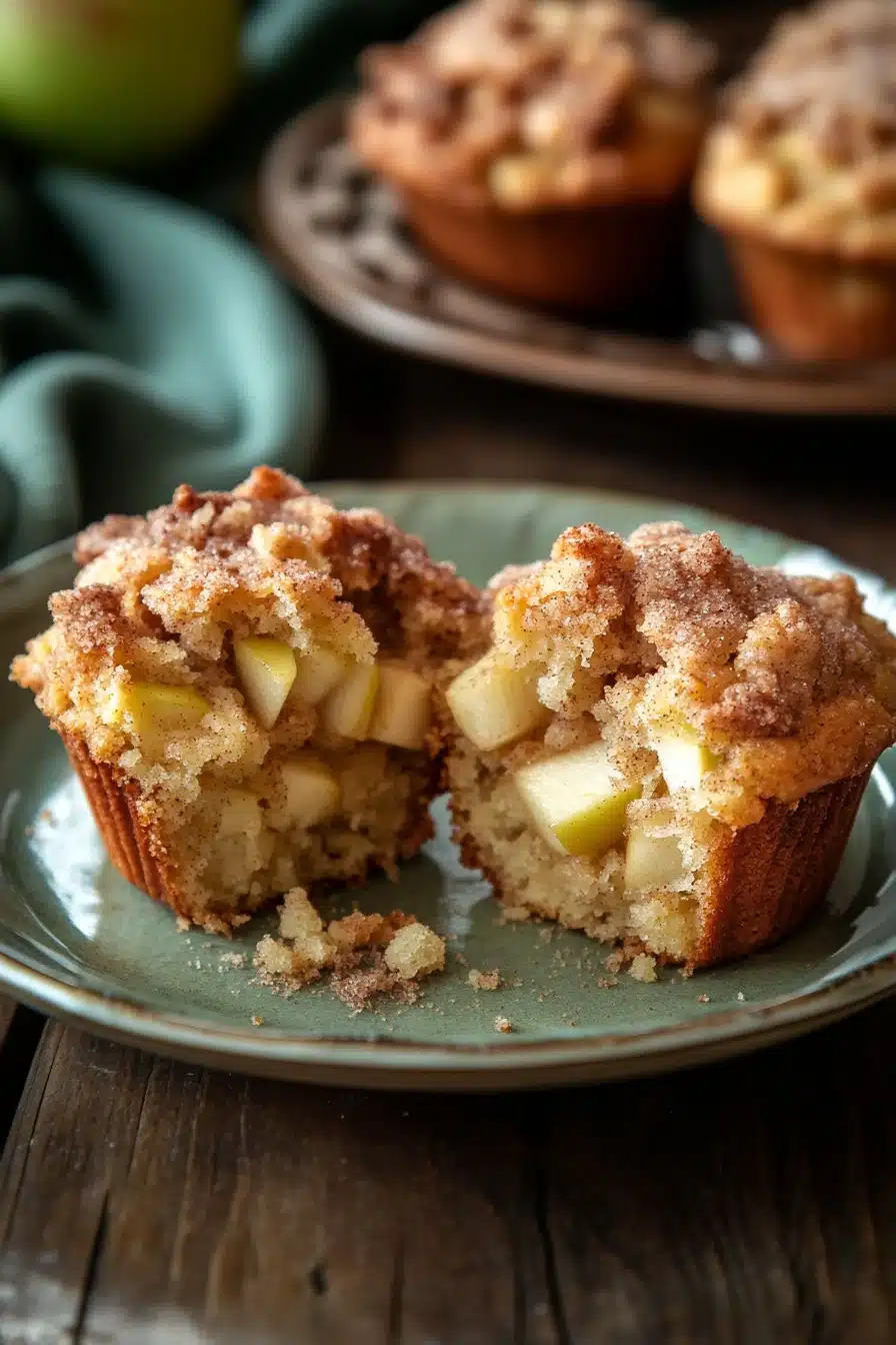 Close-up of a granny smith apple muffin with visible apple chunks and a golden brown top.