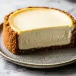 Close-up of a greek yogurt cheesecake with a smooth, creamy texture and a golden crust.