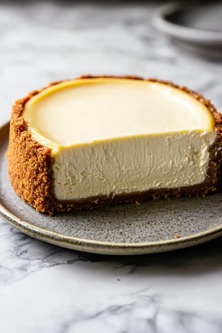 Close-up of a greek yogurt cheesecake with a smooth, creamy texture and a golden crust.