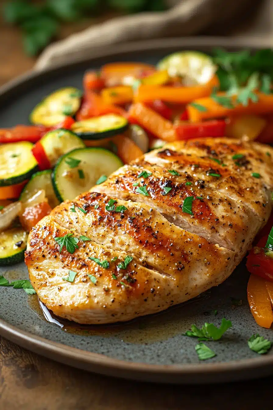 Close-up of grilled chicken breast with colorful vegetables on a white plate
