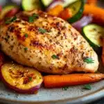 Close-up of grilled chicken breast with colorful vegetables on a white plate