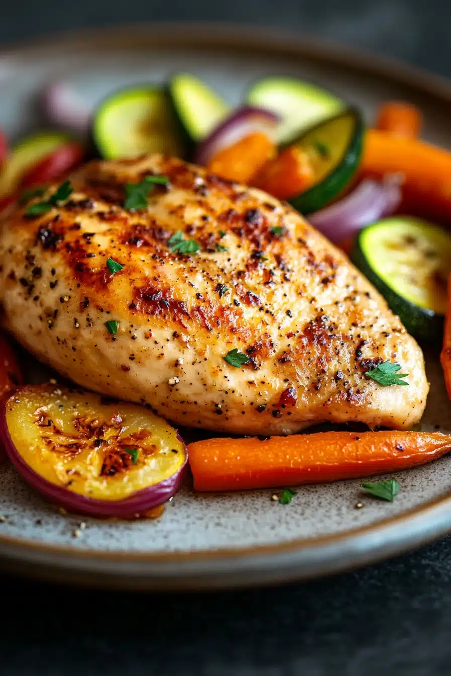 Close-up of grilled chicken breast with colorful vegetables on a white plate