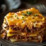 Close-up of a delicious ground beef and potato casserole with a golden crust