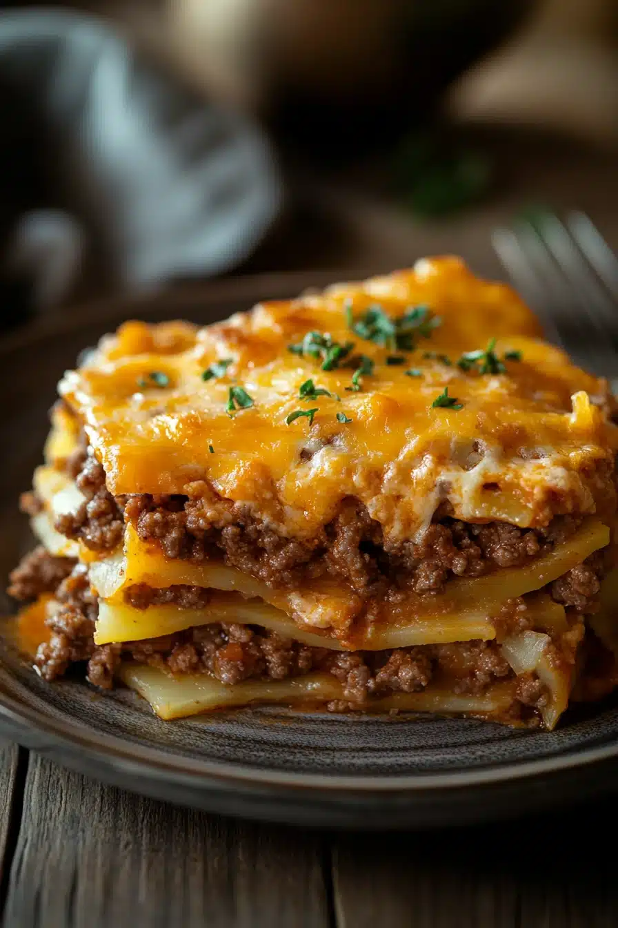 Close-up of a delicious ground beef and potato casserole with a golden crust