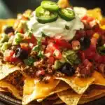 Close-up of ground beef dinner nachos topped with cheese, jalapenos, and tomatoes on a plate.