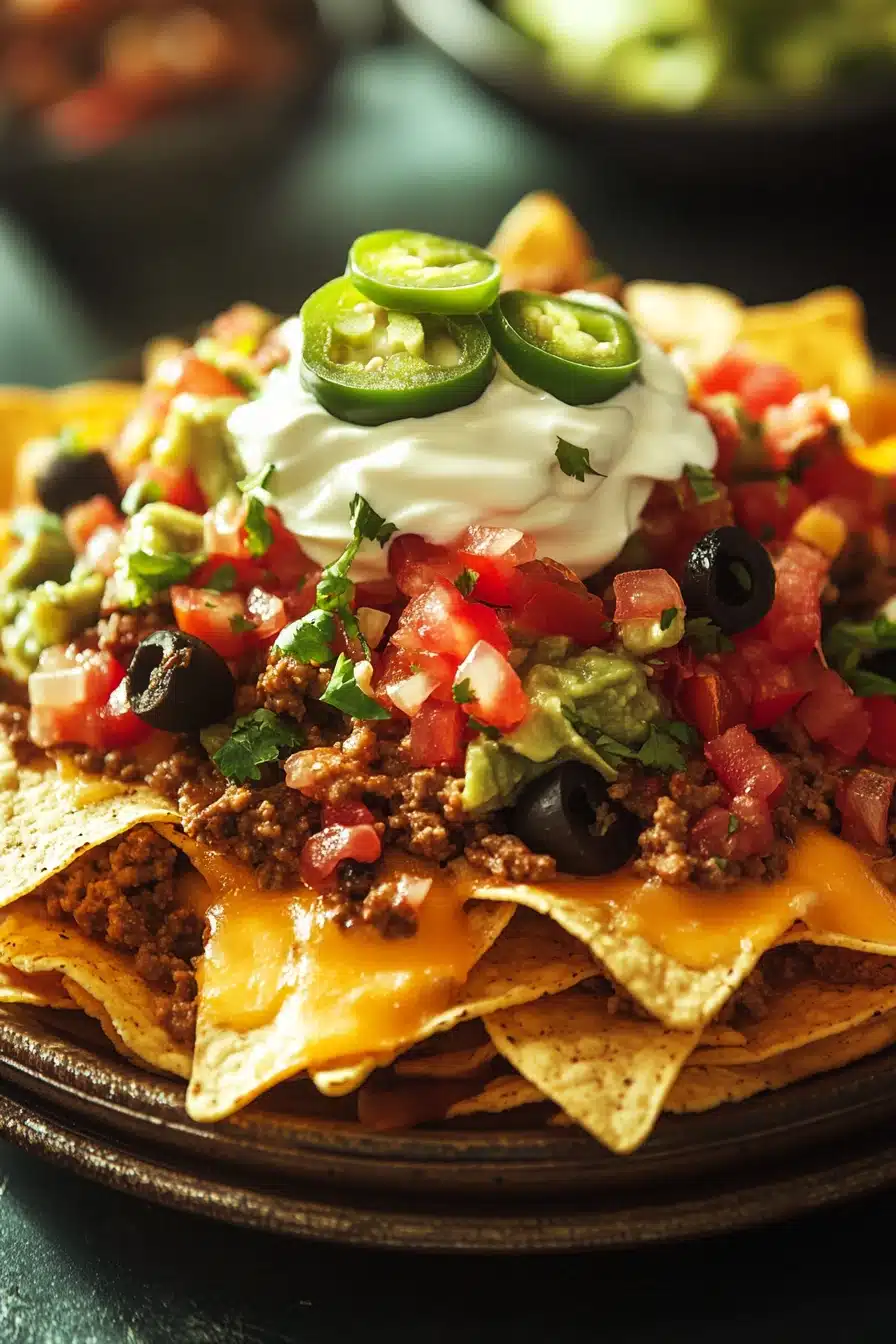 Close-up of ground beef dinner nachos topped with cheese, jalapenos, and tomatoes on a plate.